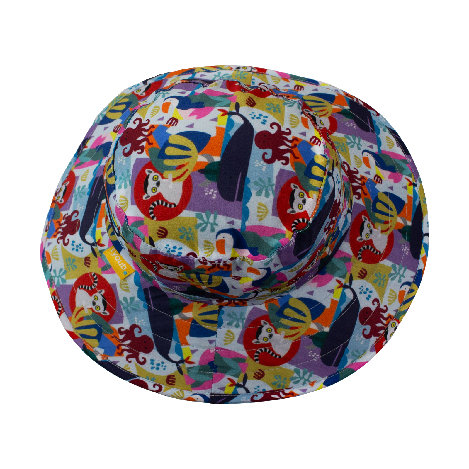 Tyoub boys’ sun-safe bucket hat with neck flap in Animal Spirit print, wide brim top view, eco-friendly recycled polyester swim fabric, UPF 50+ sun protection. Drawstring with adjustable break-away clip closure.