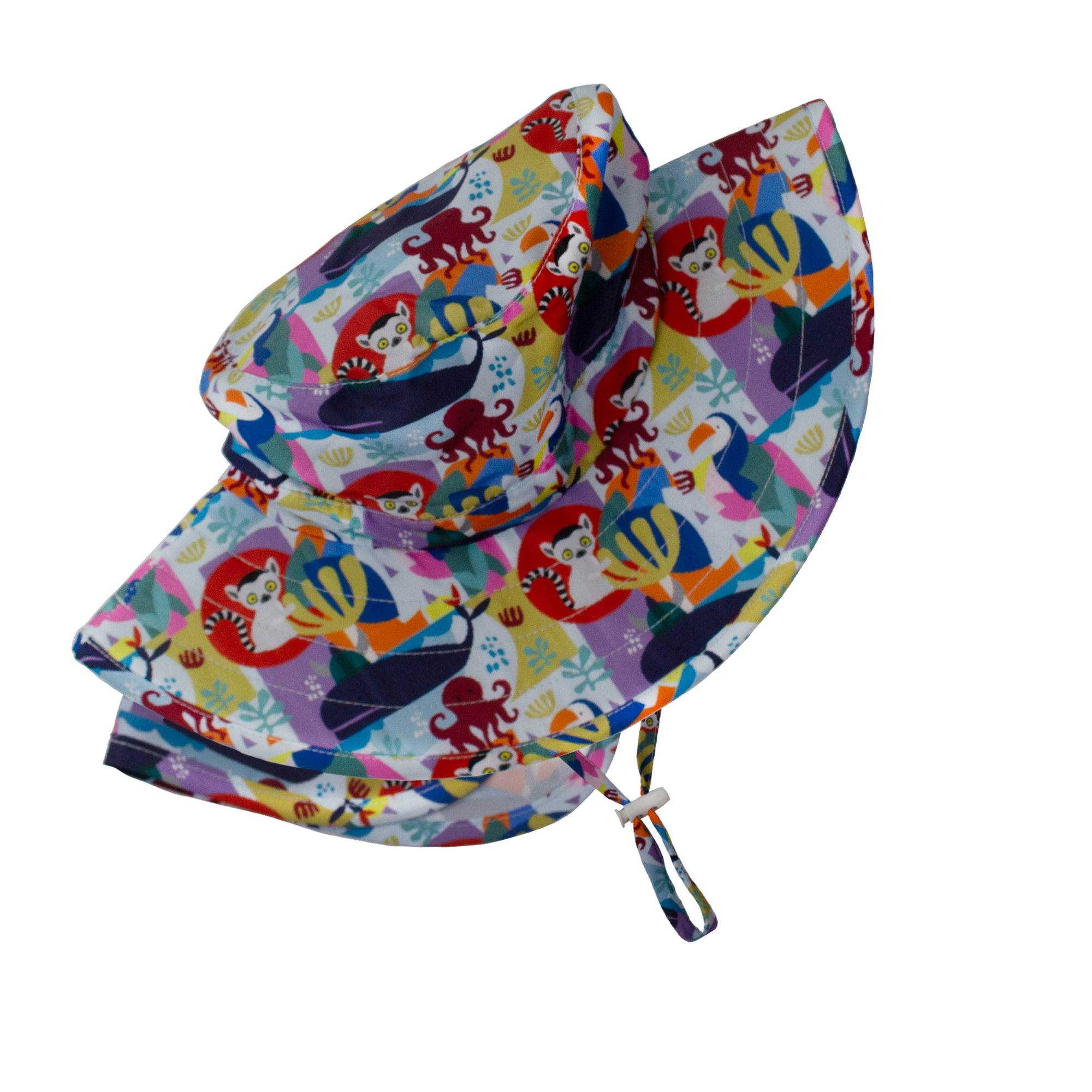 Side view of Tyoub boys’ bucket hat with extended neck flap in Animal Spirit print, broad brim for face and ear coverage, foam shape-retention brim and adjustable chin strap and break-away clip closure, sustainable recycled swim fabric.