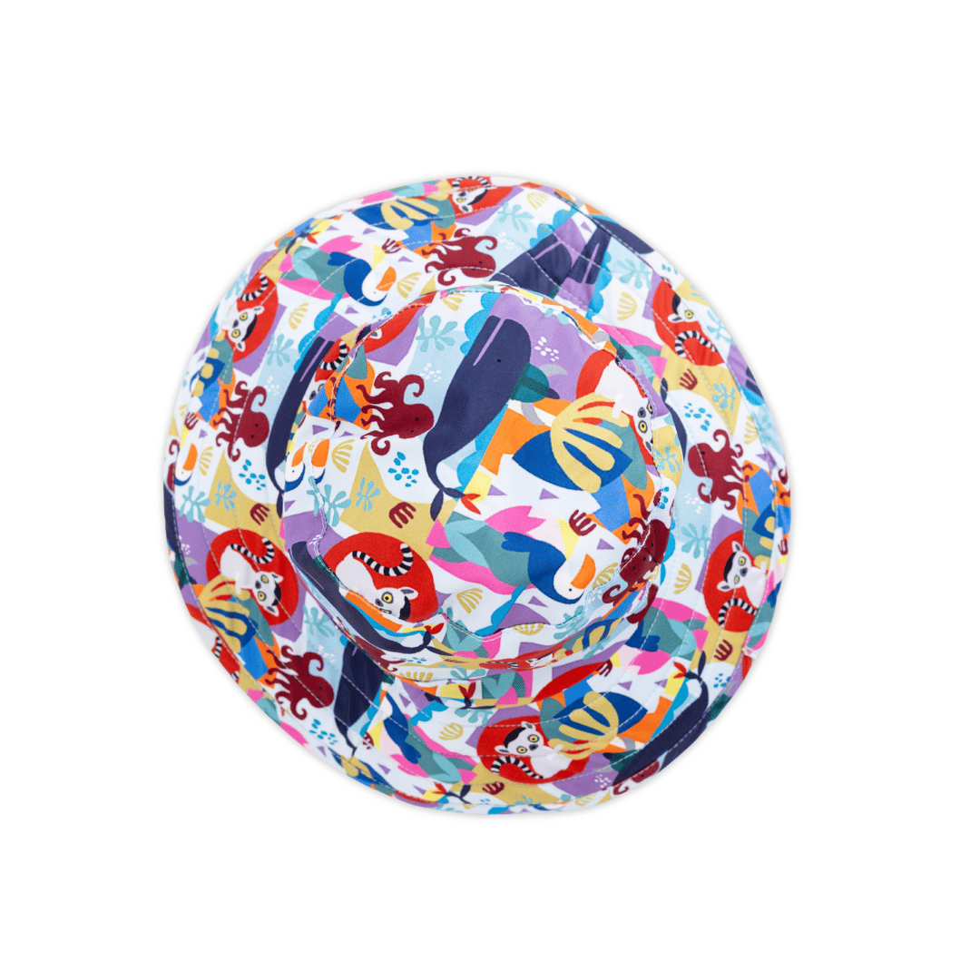 Tyoub boys’ sun-safe bucket hat with neck flap in Animal Spirit print, wide brim top view, eco-friendly recycled polyester swim fabric, UPF 50+ sun protection. Drawstring with adjustable break-away clip closure.