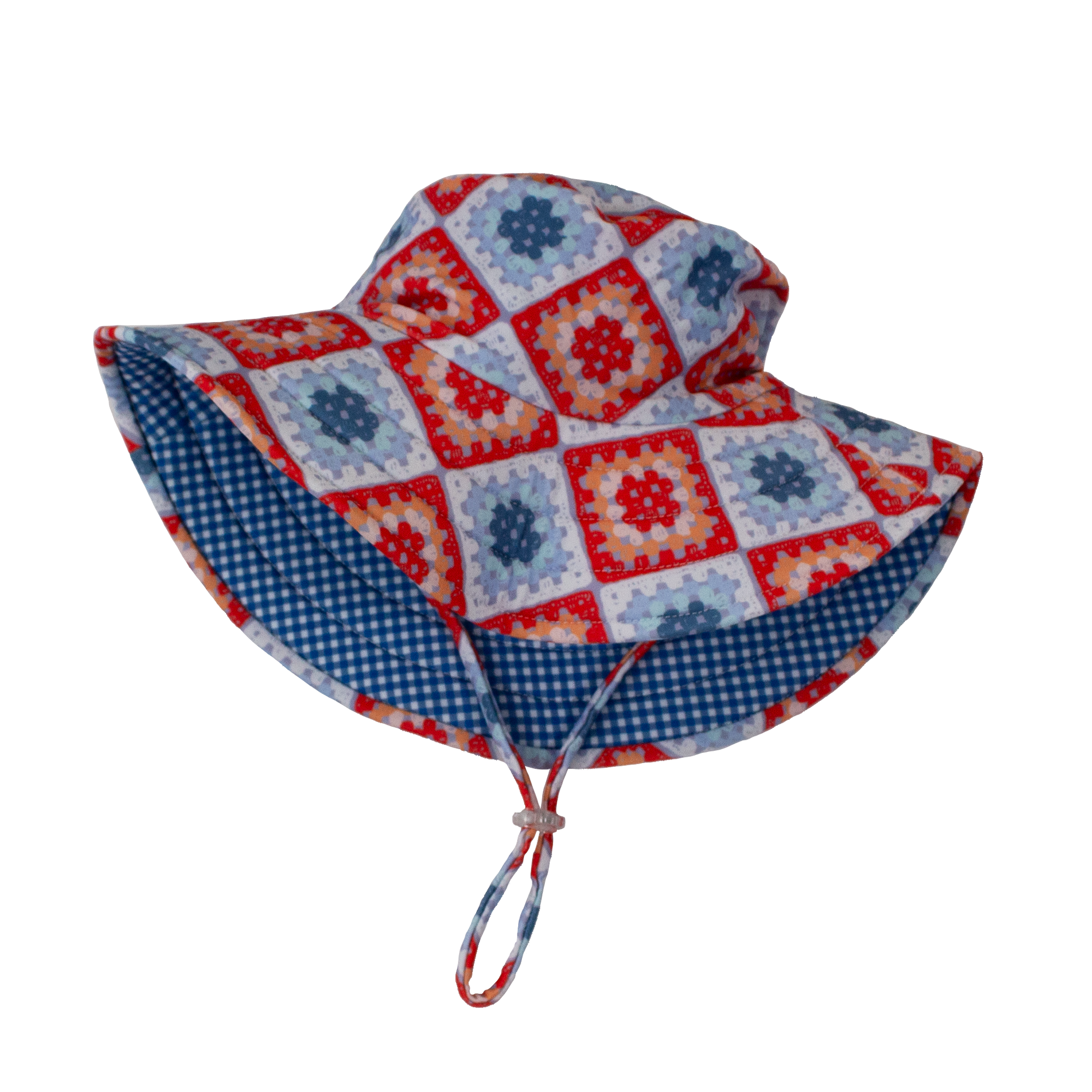 Side view of Tyoub kids’ wide brim bucket hat in Modern Retro Granny Square design, foam shape-retention brim for face and neck coverage, adjustable chin strap with clear toggle quick release clip closure, eco-friendly recycled swim fabric. 