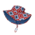 Side view of Tyoub kids’ wide brim bucket hat in Modern Retro Granny Square design, foam shape-retention brim for face and neck coverage, adjustable chin strap with clear toggle quick release clip closure, eco-friendly recycled swim fabric. 