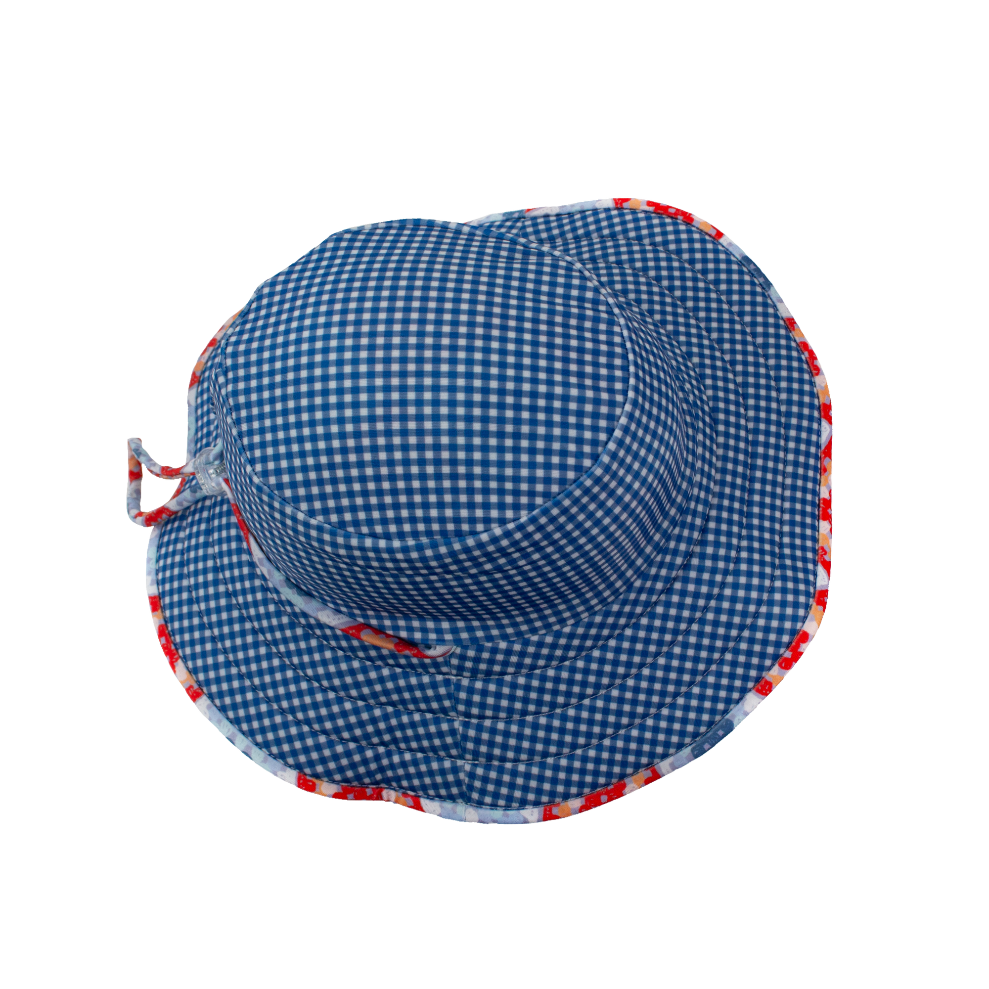 Inside view of Tyoub kids’ wide brim bucket hat, lined with contrasting blue gingham checker print, showing neat stitching, chin strap snap closure, crafted from sustainable recycled polyester swim fabric. Clear plastic toggle clip, adjustable drawstring to keep hat on.