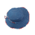 Inside view of Tyoub kids’ wide brim bucket hat, lined with contrasting blue gingham checker print, showing neat stitching, chin strap snap closure, crafted from sustainable recycled polyester swim fabric. Clear plastic toggle clip, adjustable drawstring to keep hat on.