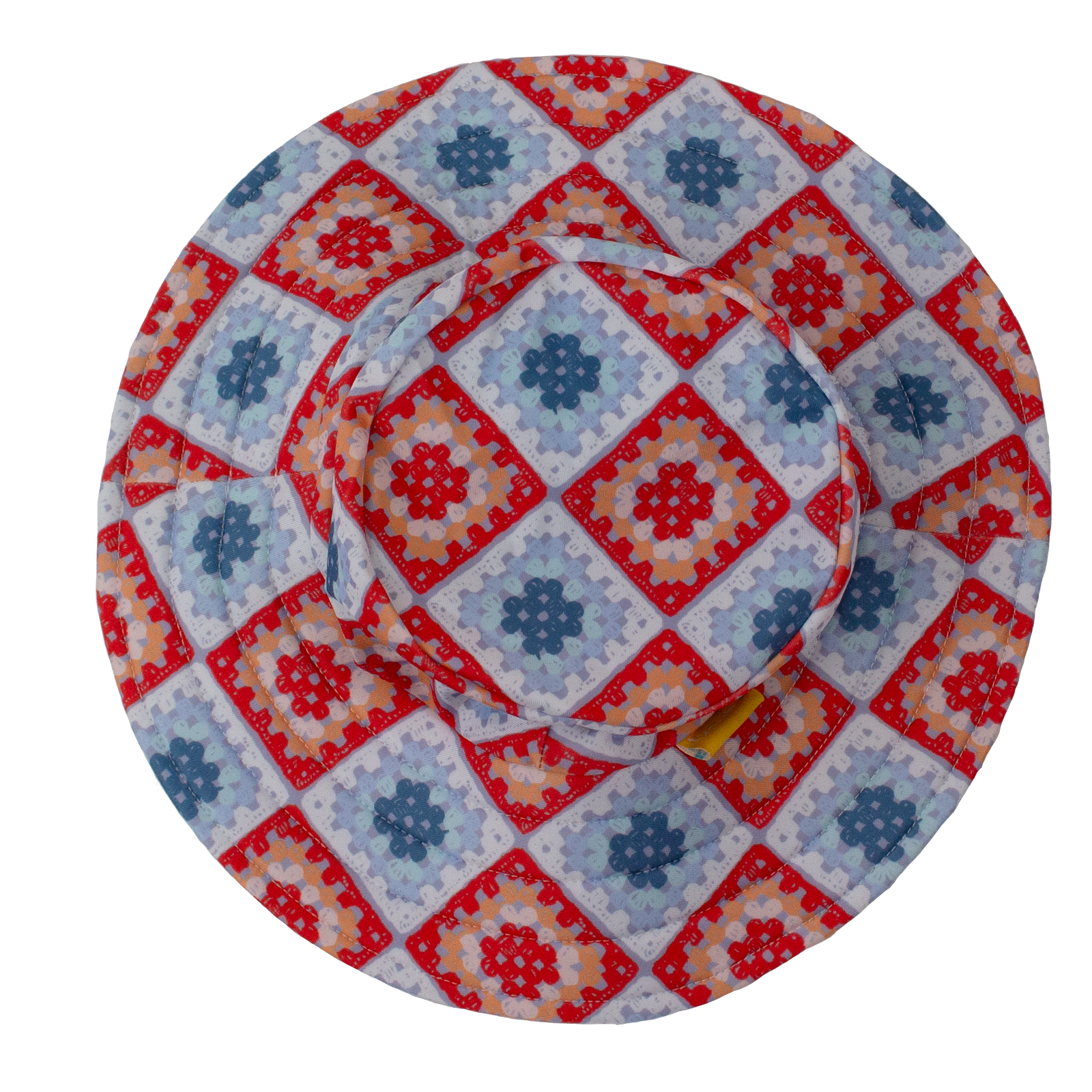 Tyoub kids’ wide brim bucket hat in Modern Retro Granny Square print, top view showing colourful crochet diamond pattern, made from recycled polyester swim fabric with UPF 50+ sun protection.