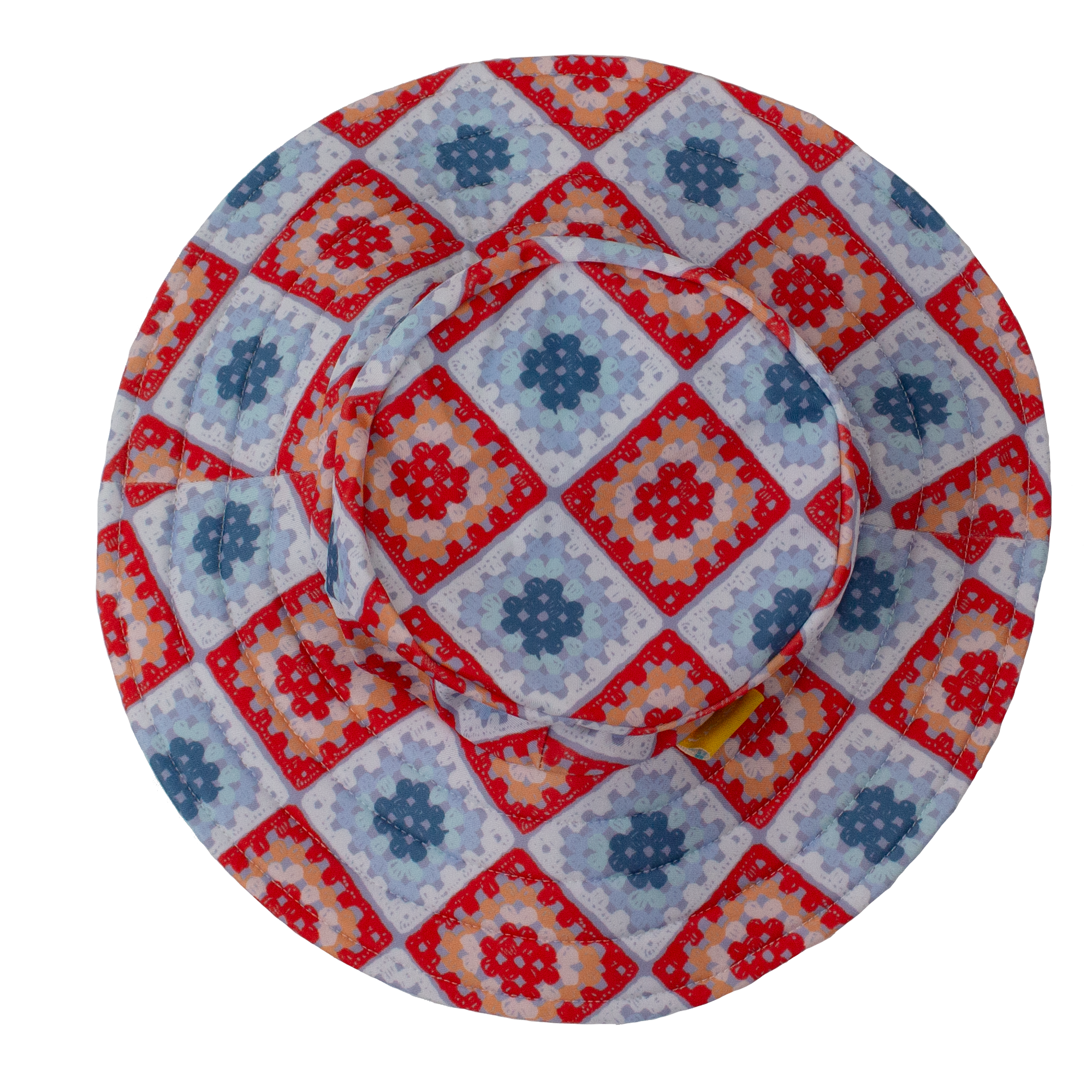 Tyoub kids’ wide brim bucket hat in Modern Retro Granny Square print, top view showing colourful crochet diamond pattern, made from recycled polyester swim fabric with UPF 50+ sun protection.
