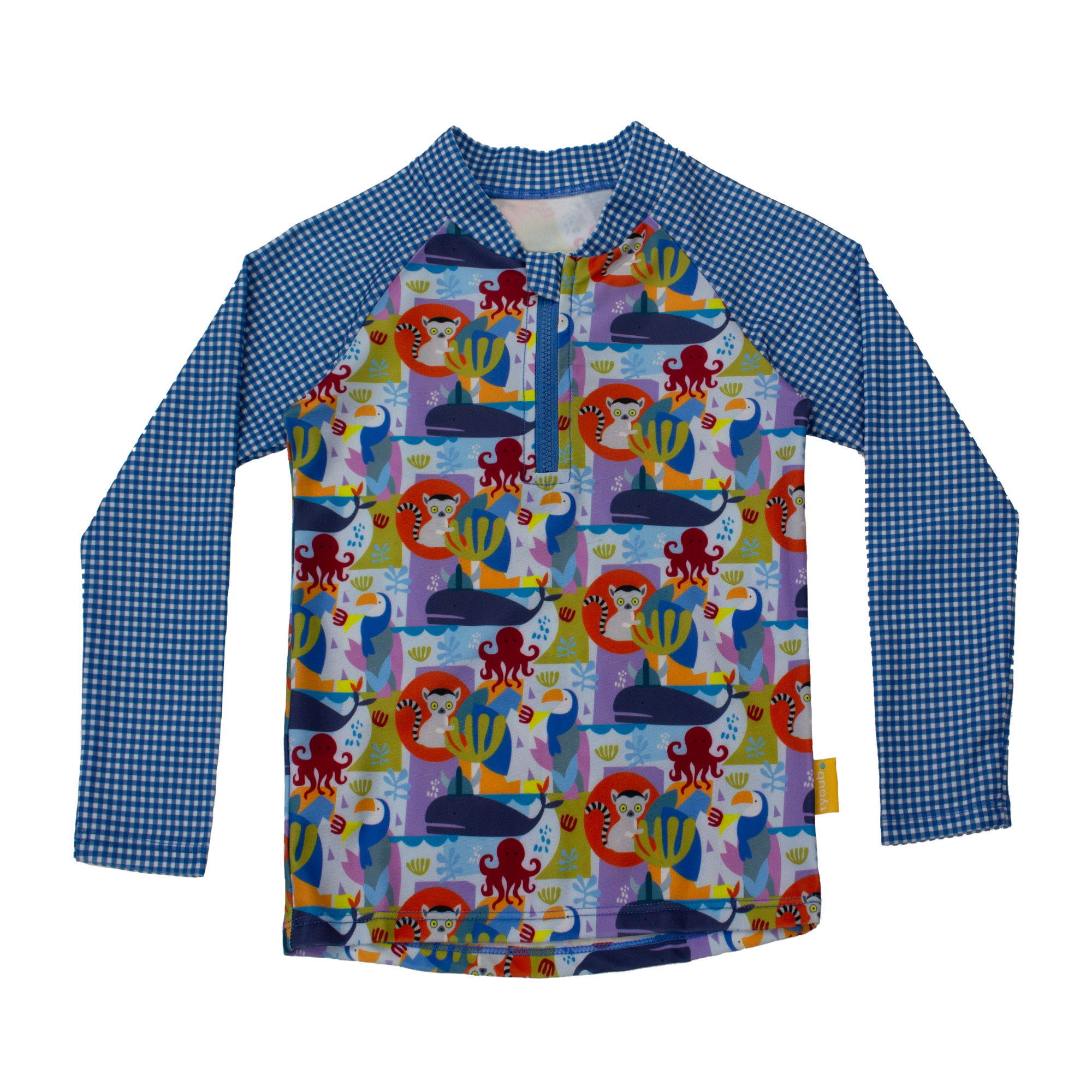 Unisex kids’ long sleeve rash guard with high neckline, Animal Spirit print featuring lemur, toucan, whale and octopus, blue gingham raglan sleeves, UPF 50+ sun protection, eco-friendly recycled polyester swim fabric.