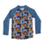 Unisex kids’ long sleeve rash guard with high neckline, Animal Spirit print featuring lemur, toucan, whale and octopus, blue gingham raglan sleeves, UPF 50+ sun protection, eco-friendly recycled polyester swim fabric.