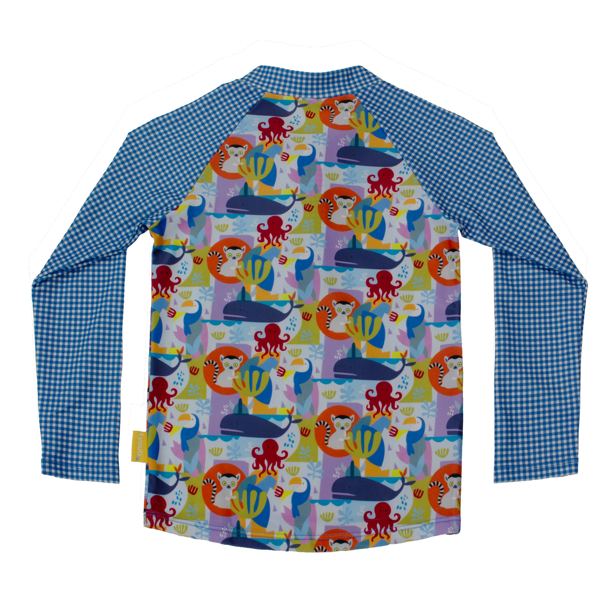 Back view of unisex kids’ long sleeve rash guard in Animal Spirit print with blue gingham raglan sleeves, high neckline and flatlock seam finish, sustainable recycled polyester swim fabric providing UPF 50+ coverage.