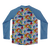 Back view of unisex kids’ long sleeve rash guard in Animal Spirit print with blue gingham raglan sleeves, high neckline and flatlock seam finish, sustainable recycled polyester swim fabric providing UPF 50+ coverage.