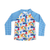 Unisex kids’ long sleeve rash guard with high neckline, Animal Spirit print featuring lemur, toucan, whale and octopus, blue gingham raglan sleeves, UPF 50+ sun protection, eco-friendly recycled polyester swim fabric.