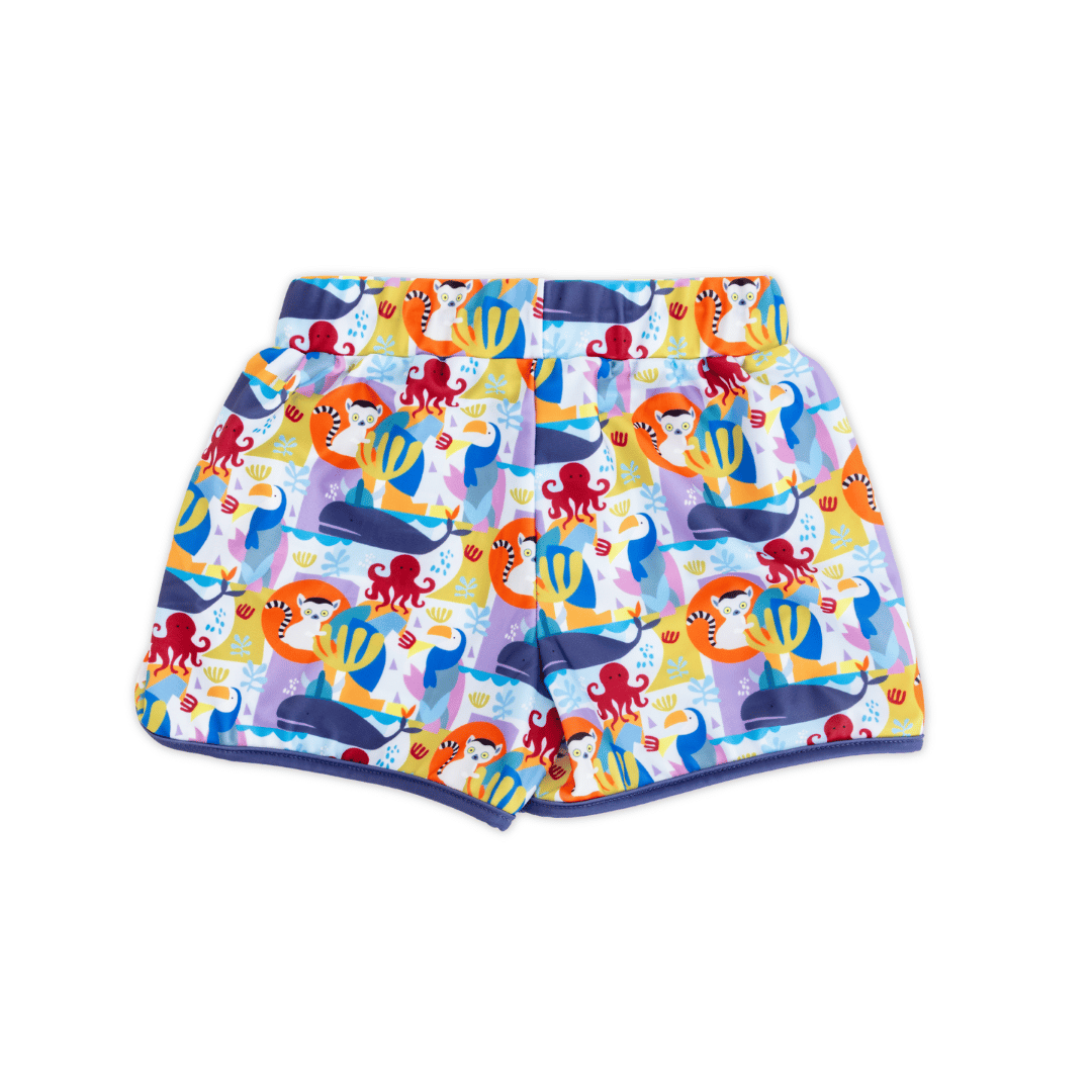 Back view of unisex kids’ mid-length swim trunks in colourful Animal Spirit print, sustainable recycled polyester swim fabric, envelope side seams for flexibility, elastic waistband with functional drawcord, chlorine resistant quick-dry swimwear.
