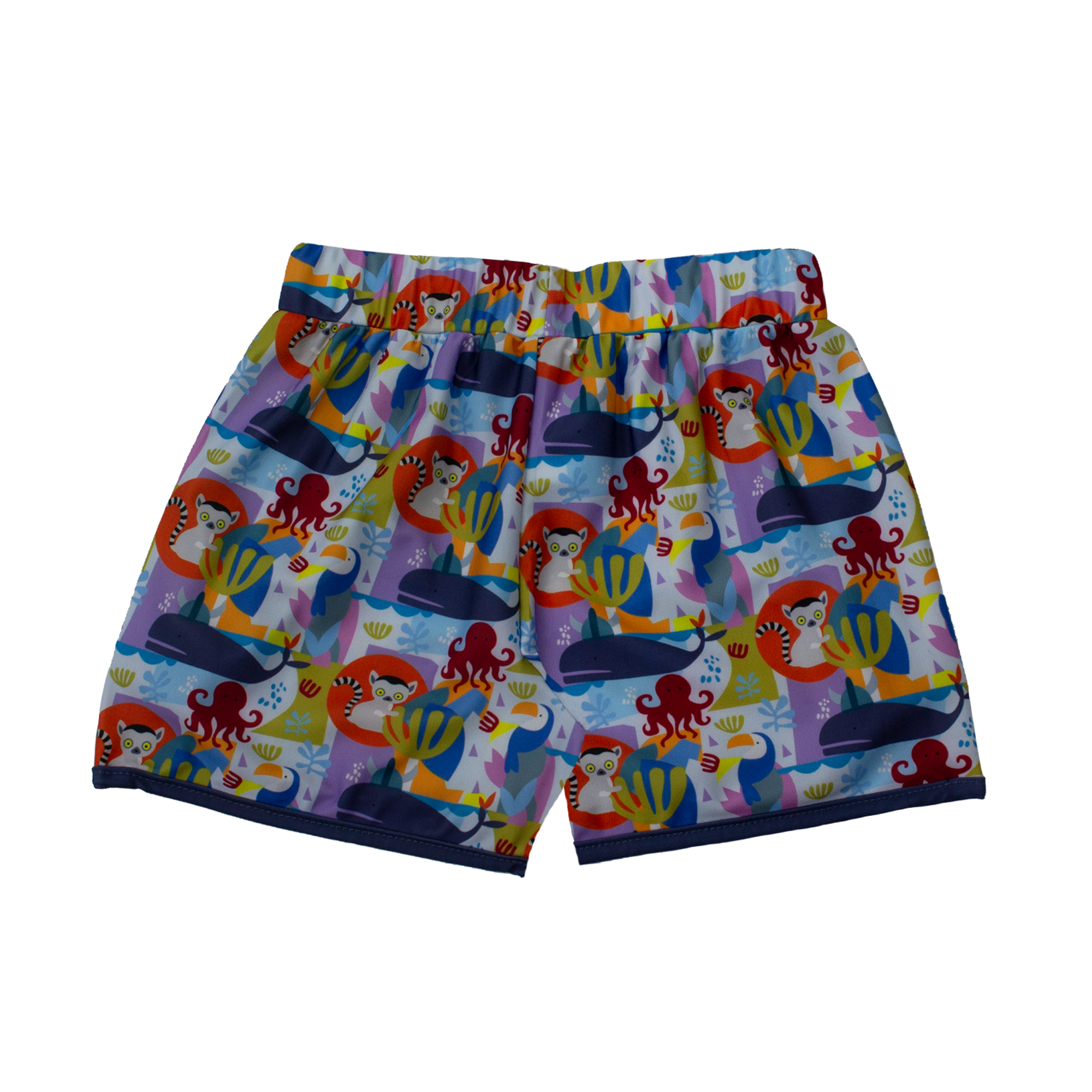 Back view of unisex kids’ mid-length swim trunks in colourful Animal Spirit print, sustainable recycled polyester swim fabric, envelope side seams for flexibility, elastic waistband with functional drawcord, chlorine resistant quick-dry swimwear.