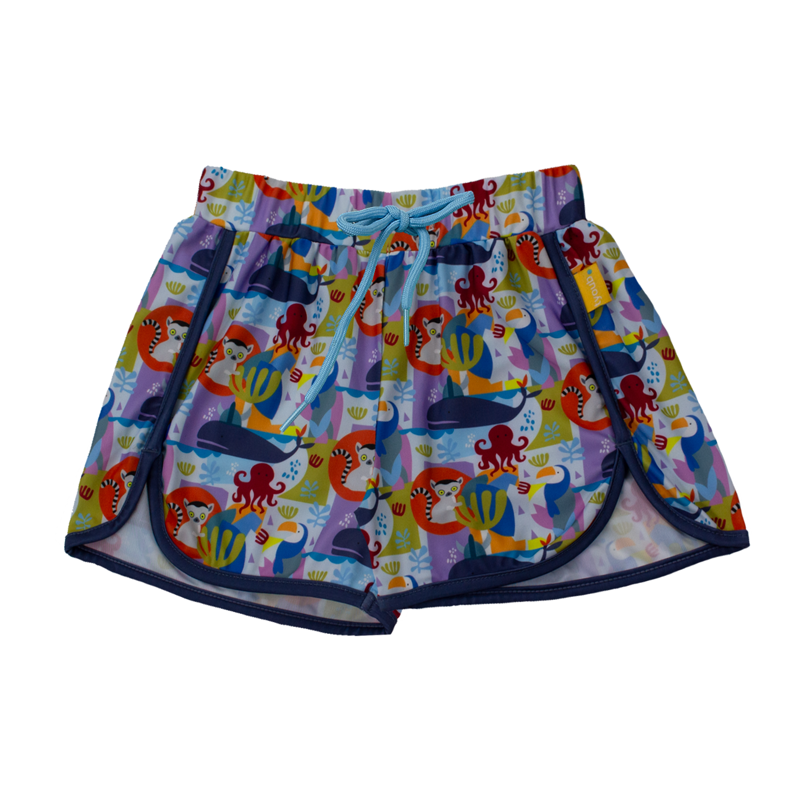 Unisex kids’ mid-length swim trunks in Animal Spirit print featuring lemur, toucan, whale and octopus, eco-friendly recycled polyester fabric, wide elastic waistband with drawcord for secure fit, quick-dry UPF 50+ swimwear.