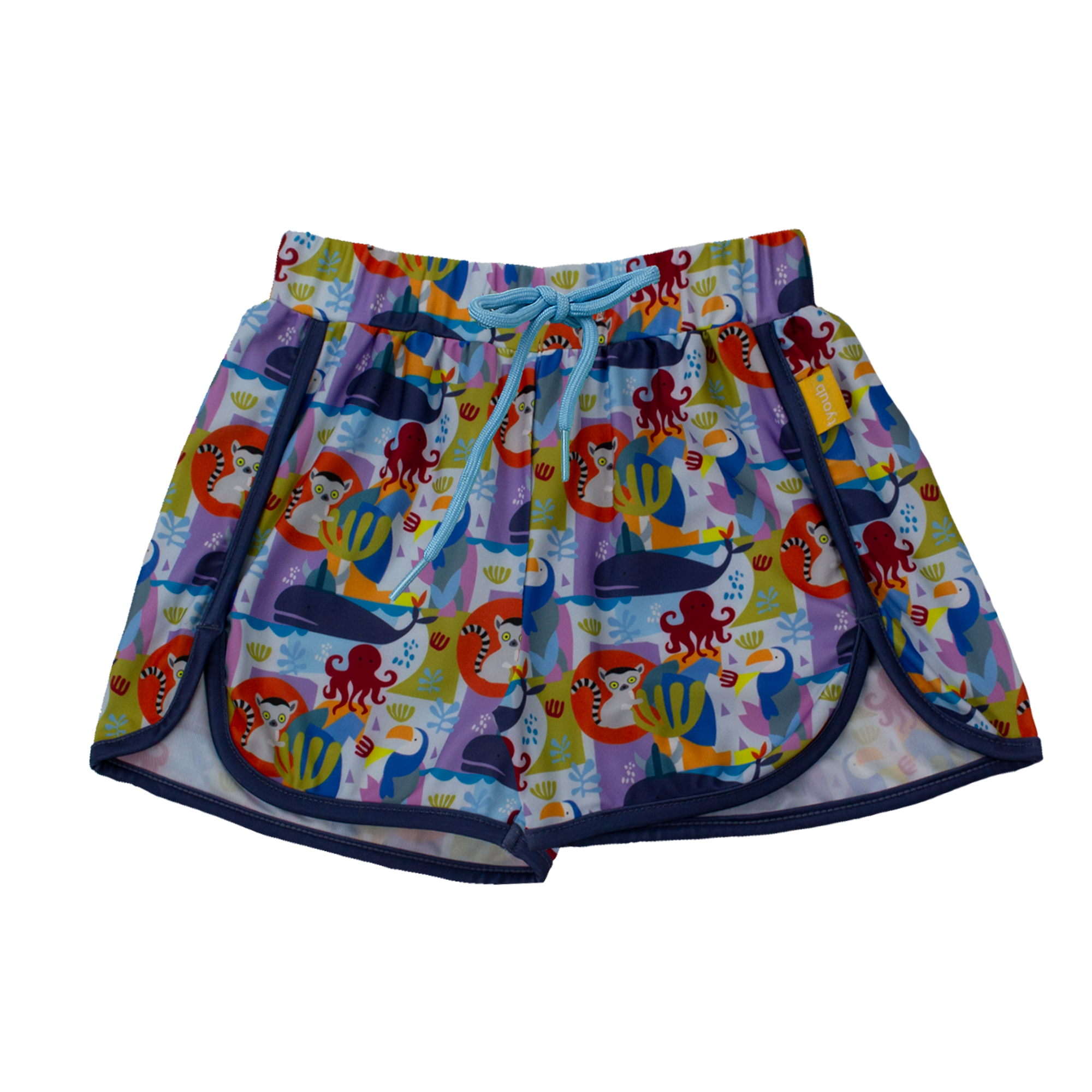 Unisex kids’ mid-length swim trunks in Animal Spirit print featuring lemur, toucan, whale and octopus, eco-friendly recycled polyester fabric, wide elastic waistband with drawcord for secure fit, quick-dry UPF 50+ swimwear.