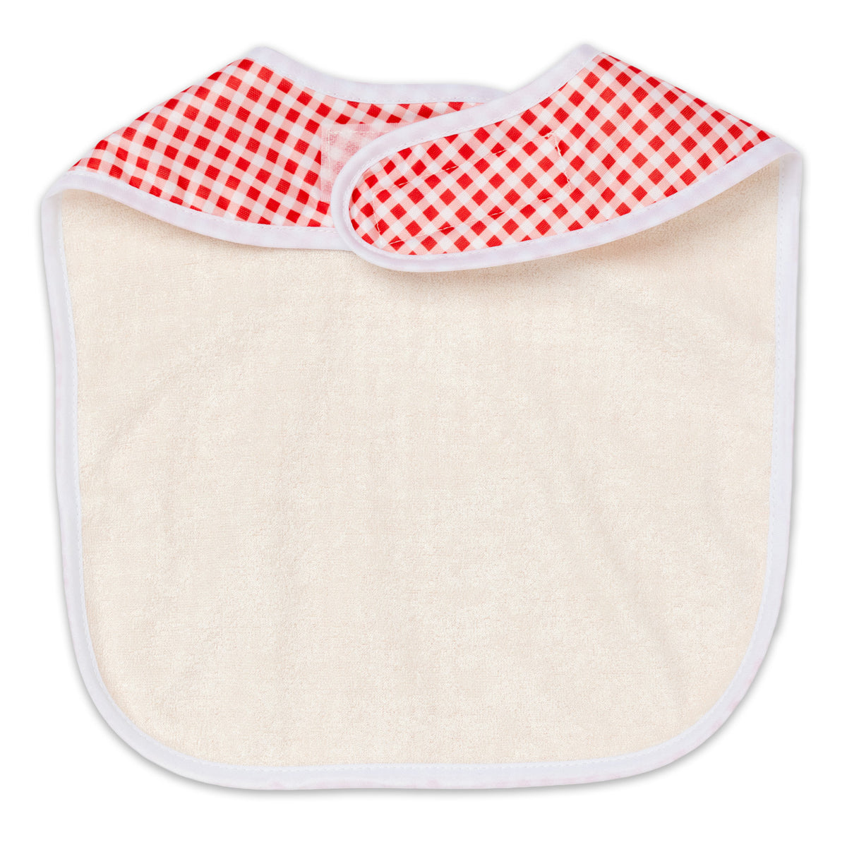 Back of Red and white checkered gingham baby bib with white binding and natural beige bamboo terry towelling on a white background
