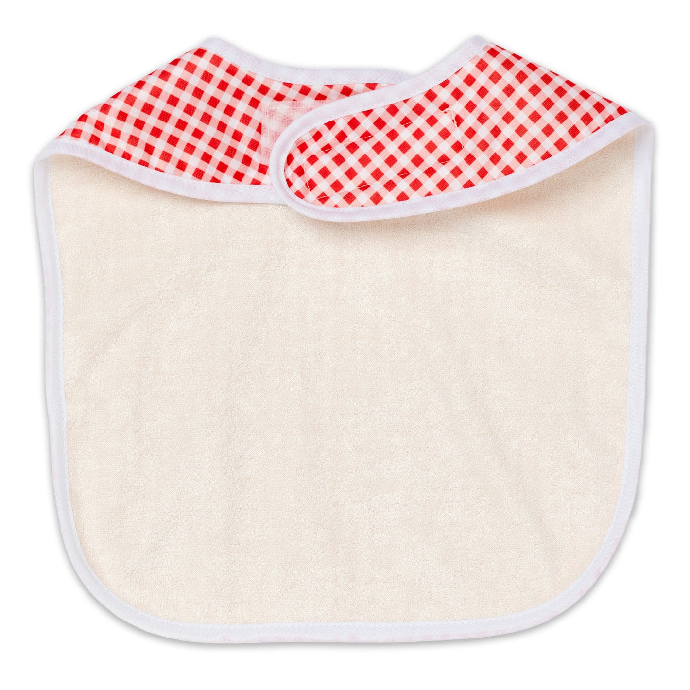 Back of Red and white checkered gingham baby bib with white binding and natural beige bamboo terry towelling on a white background