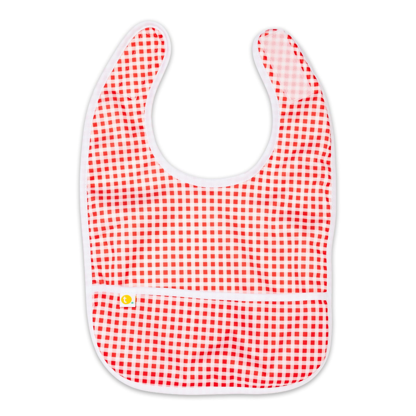 Red and white checkered gingham baby bib with white binding and bib pocket on a white background
