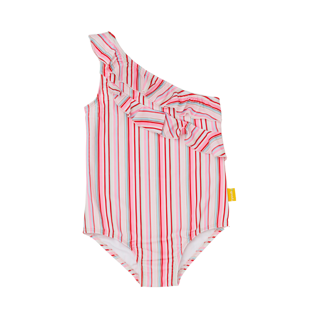 off the shoulder girls swimsuit style. Front double ruffle frill across body chest. Pink Blue and red stripe. Fully lined and modestly cut girls bathing suit. 