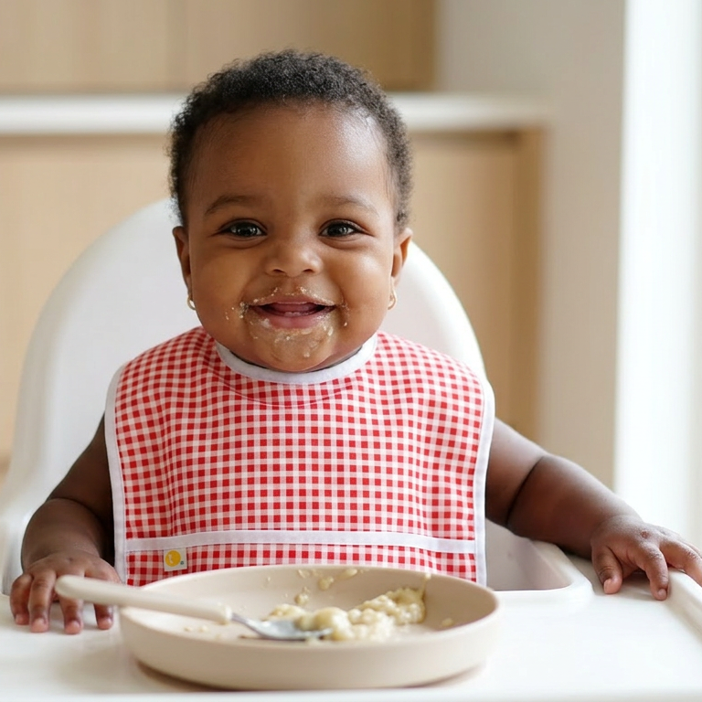 A happy baby sits in a white high chair, eating soft food from a pale beige plate. The baby is smiling with food on their mouth and chin, creating a sweet, candid mealtime moment.

They are wearing a red and white gingham checked baby bib with white edging and a small front snap. The setting is clean, modern and softly lit, with a bright neutral background and gentle natural-style lighting. 
