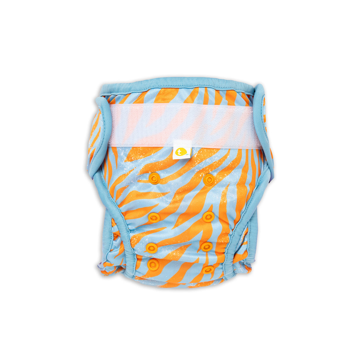front view of Tyoub Reusable and Adjustable Swim Nappy. The Reusable Swim Nappy and Wet Bag in the fun blue and orange tiger graphic pattern is excellent for swimming lessons and all aquatic play. This swim nappy fits all babies from 3 months to 3 years old. With double inner leg gusset, it is leak and accident proof. Has a Snug fit and soft elastic seams. With no gaps, the exact waistband fit with soft VELCRO tabs. Made in quick dry fabric.