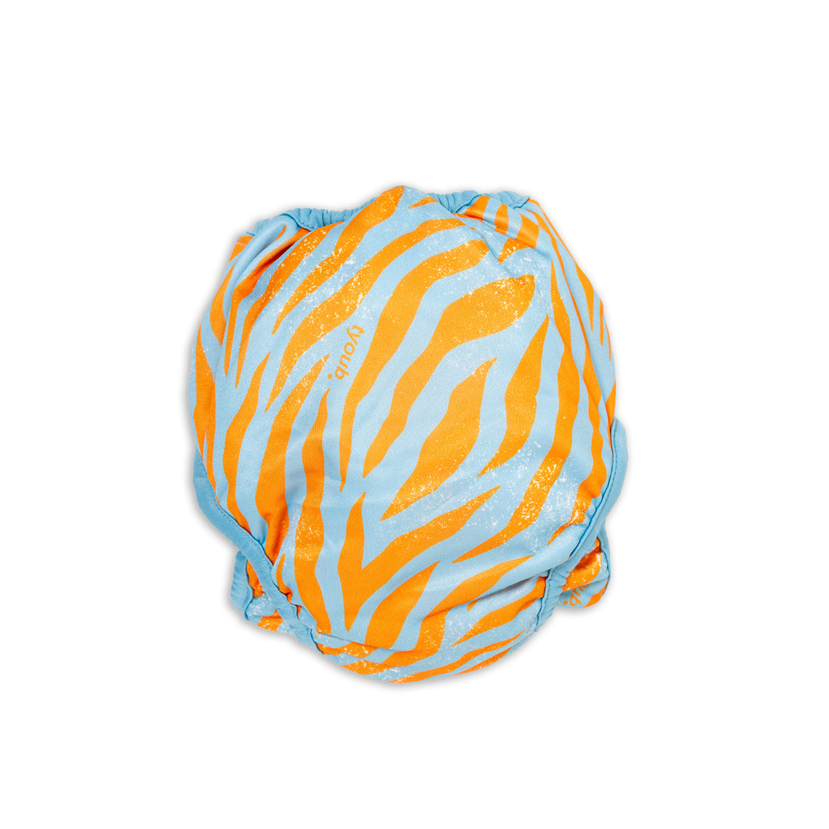 Back view of Tyoub Reusable and Adjustable Swim Nappy. The Reusable Swim Nappy and Wet Bag in the fun blue and orange tiger graphic pattern is excellent for swimming lessons and all aquatic play. This swim nappy fits all babies from 3 months to 3 years old. With double inner leg gusset, it is leak and accident proof. Has a Snug fit and soft elastic seams. With no gaps, the exact waistband fit with soft VELCRO tabs. Made in quick dry fabric.
