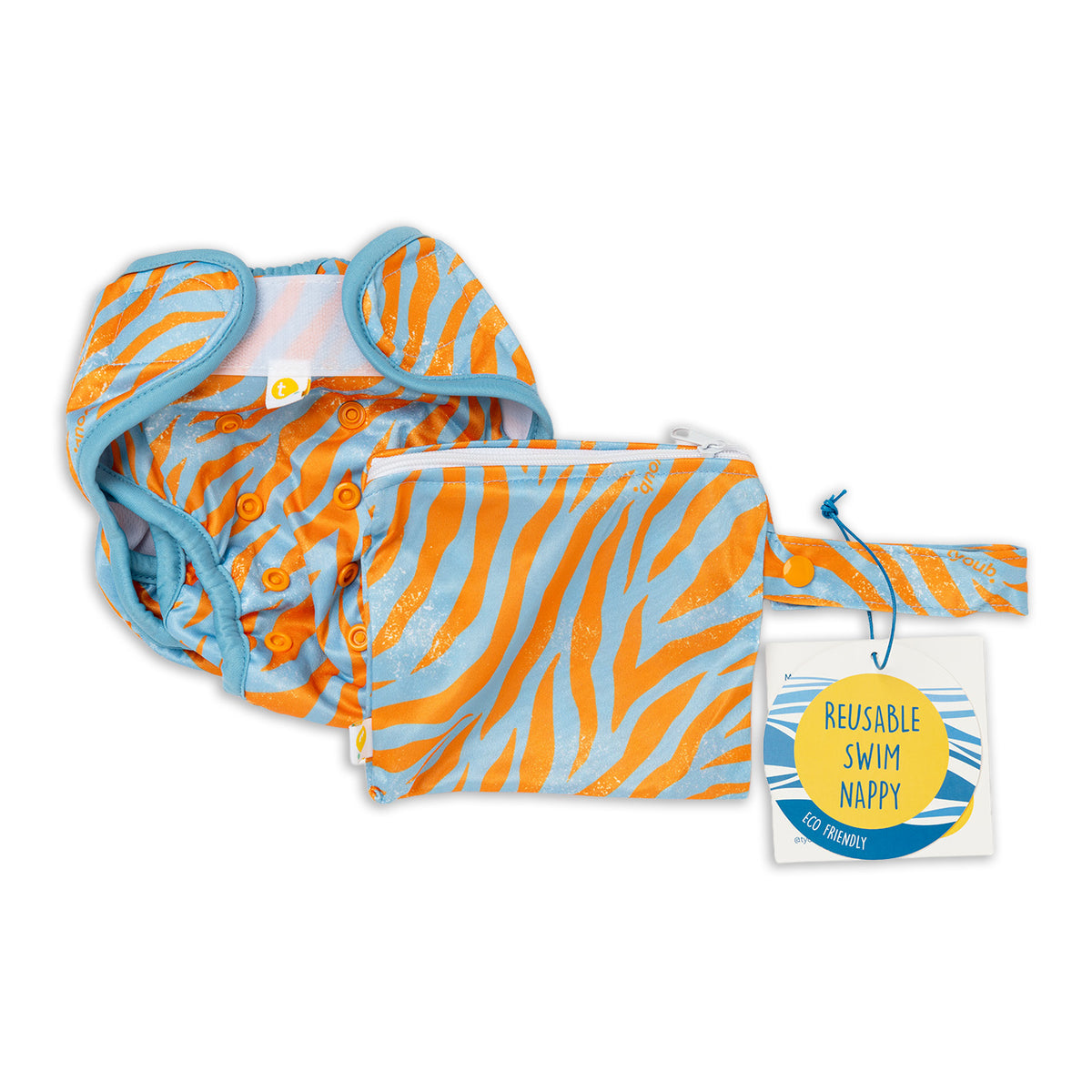 Tyoub Reusable and Adjustable Swim Nappy set. The Reusable Swim Nappy and Wet Bag in the fun blue and orange tiger graphic pattern is excellent for swimming lessons and all aquatic play. This swim nappy fits all babies from 3 months to 3 years old. With double inner leg gusset, it is leak and accident proof. Has a Snug fit and soft elastic seams. With no gaps, the exact waistband fit with soft VELCRO tabs. Made in quick dry fabric.