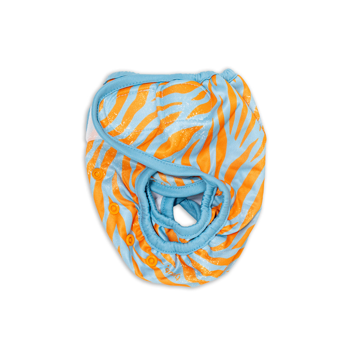 side view of Tyoub Reusable and Adjustable Swim Nappy. The Reusable Swim Nappy and Wet Bag in the fun blue and orange tiger graphic pattern is excellent for swimming lessons and all aquatic play. This swim nappy fits all babies from 3 months to 3 years old. With double inner leg gusset, it is leak and accident proof. Has a Snug fit and soft elastic seams. With no gaps, the exact waistband fit with soft VELCRO tabs. Made in quick dry fabric.