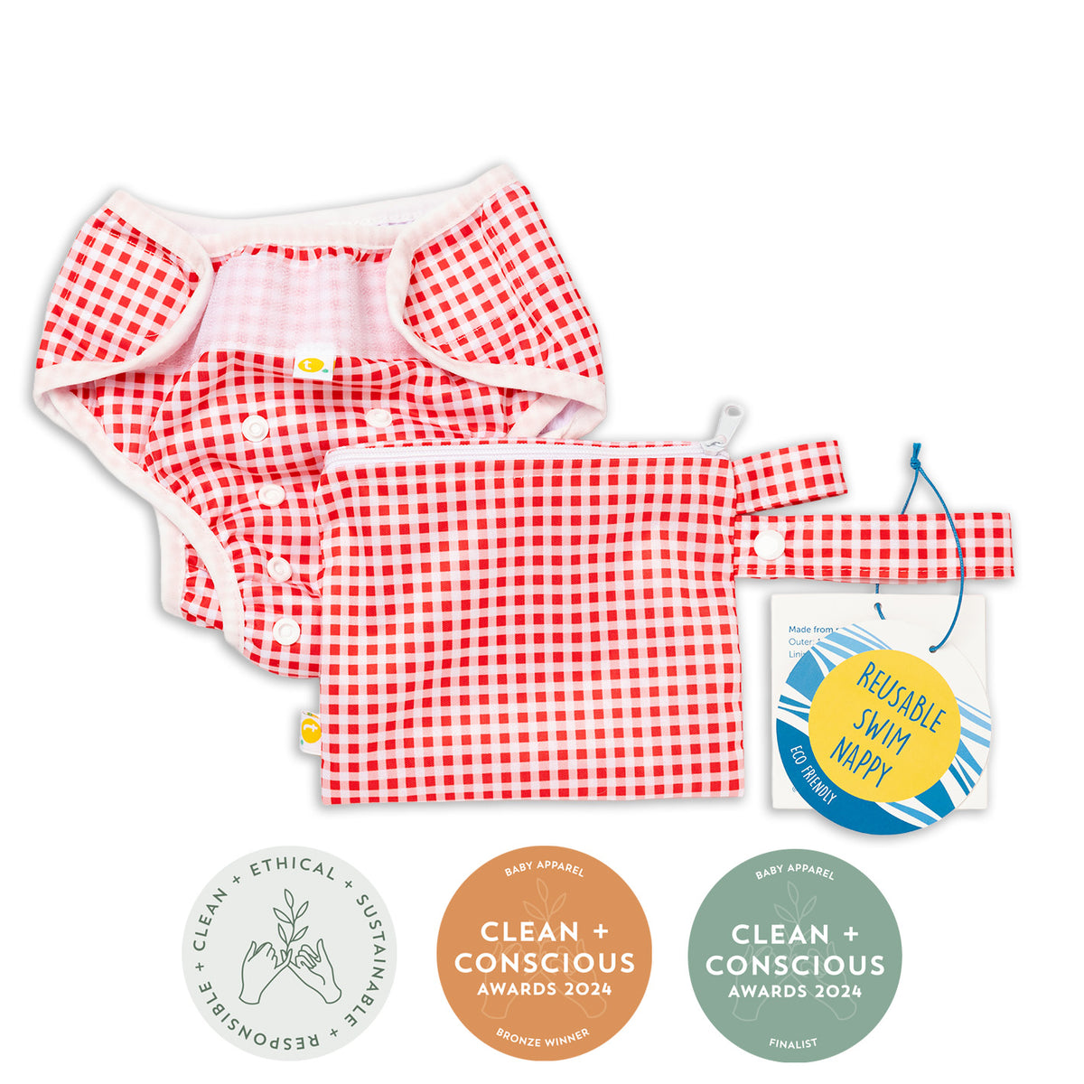 Award Winning Clean + Conscious Awards Baby Apparel. Reusable swim nappy with cherry red checkered pattern and packaging on a white background