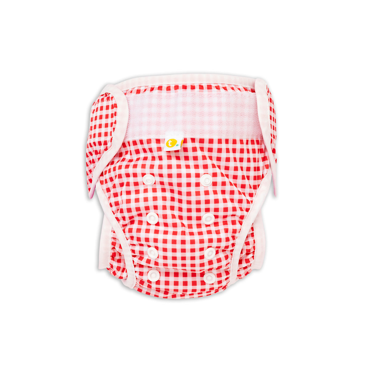 Front view. Tyoub Reusable and Adjustable Swim Nappy. The Reusable Swim Nappy and Wet Bag in the colour cherry red and white Gingham Check is Excellent for swimming lessons and all aquatic play. This swim nappy fits all babies from 3 months to 3 years old. With double inner leg gusset, it is leak and accident proof. Has a Snug fit and soft elastic seams. With no gaps, the exact waistband fit with soft VELCRO tabs. Made in quick dry fabric.
