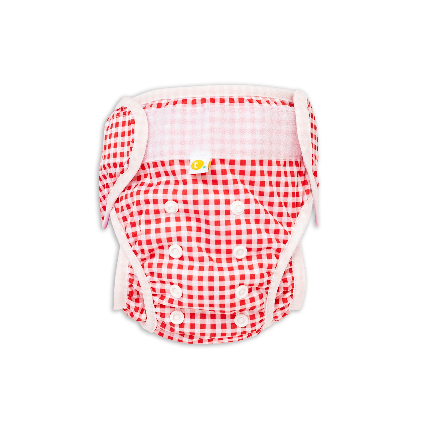 Front view. Tyoub Reusable and Adjustable Swim Nappy. The Reusable Swim Nappy and Wet Bag in the colour cherry red and white Gingham Check is Excellent for swimming lessons and all aquatic play. This swim nappy fits all babies from 3 months to 3 years old. With double inner leg gusset, it is leak and accident proof. Has a Snug fit and soft elastic seams. With no gaps, the exact waistband fit with soft VELCRO tabs. Made in quick dry fabric.