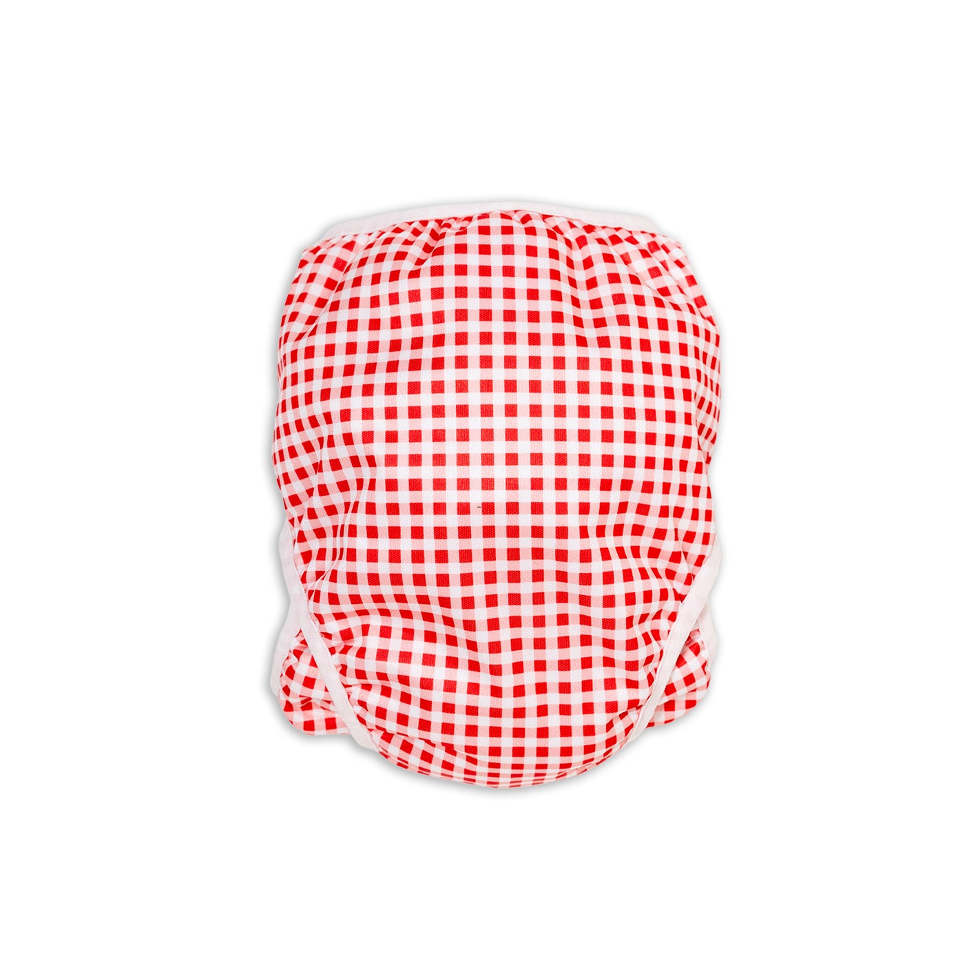 Back view. Tyoub Reusable and Adjustable Swim Nappy. The Reusable Swim Nappy and Wet Bag in the colour cherry red and white Gingham Check is Excellent for swimming lessons and all aquatic play. This swim nappy fits all babies from 3 months to 3 years old. With double inner leg gusset, it is leak and accident proof. Has a Snug fit and soft elastic seams. With no gaps, the exact waistband fit with soft VELCRO tabs. Made in quick dry fabric.