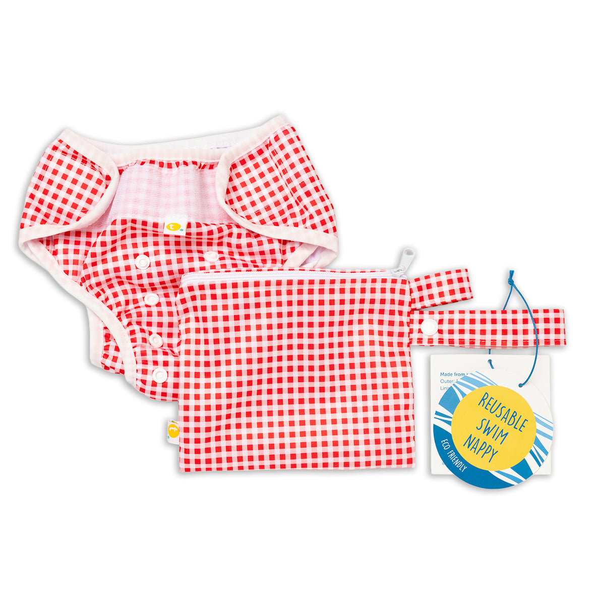 Set of swim nappy and wet bag. Tyoub Reusable and Adjustable Swim Nappy. The Reusable Swim Nappy and Wet Bag in the colour cherry red and white Gingham Check is Excellent for swimming lessons and all aquatic play. This swim nappy fits all babies from 3 months to 3 years old. With double inner leg gusset, it is leak and accident proof. Has a Snug fit and soft elastic seams. With no gaps, the exact waistband fit with soft VELCRO tabs. Made in quick dry fabric.