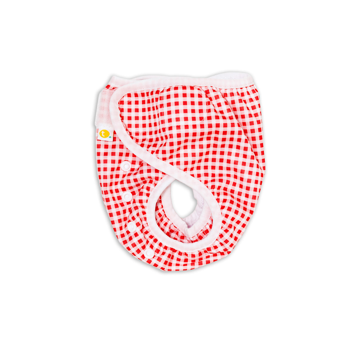 Side view. Tyoub Reusable and Adjustable Swim Nappy. The Reusable Swim Nappy and Wet Bag in the colour cherry red and white Gingham Check is Excellent for swimming lessons and all aquatic play. This swim nappy fits all babies from 3 months to 3 years old. With double inner leg gusset, it is leak and accident proof. Has a Snug fit and soft elastic seams. With no gaps, the exact waistband fit with soft VELCRO tabs. Made in quick dry fabric.
