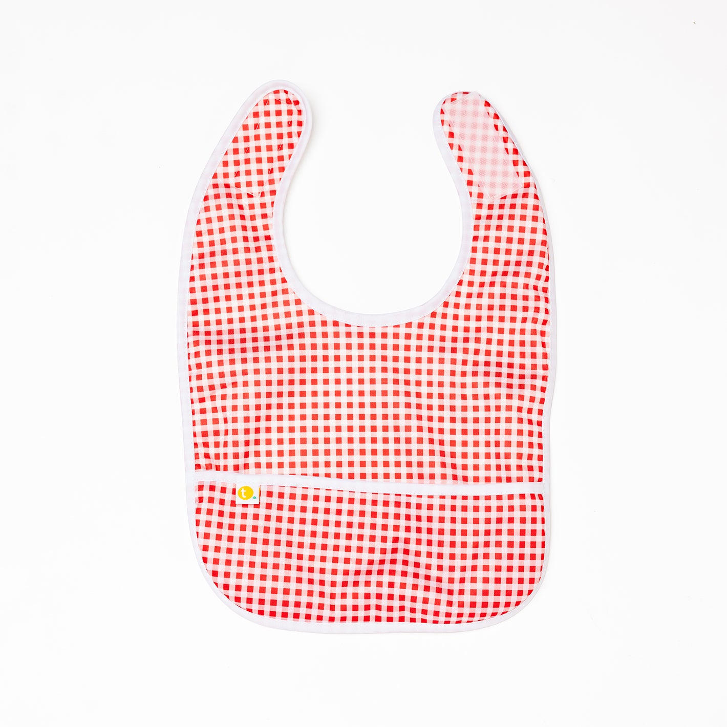 Red and white checkered gingham baby bib with white binding and bib pocket on a white background