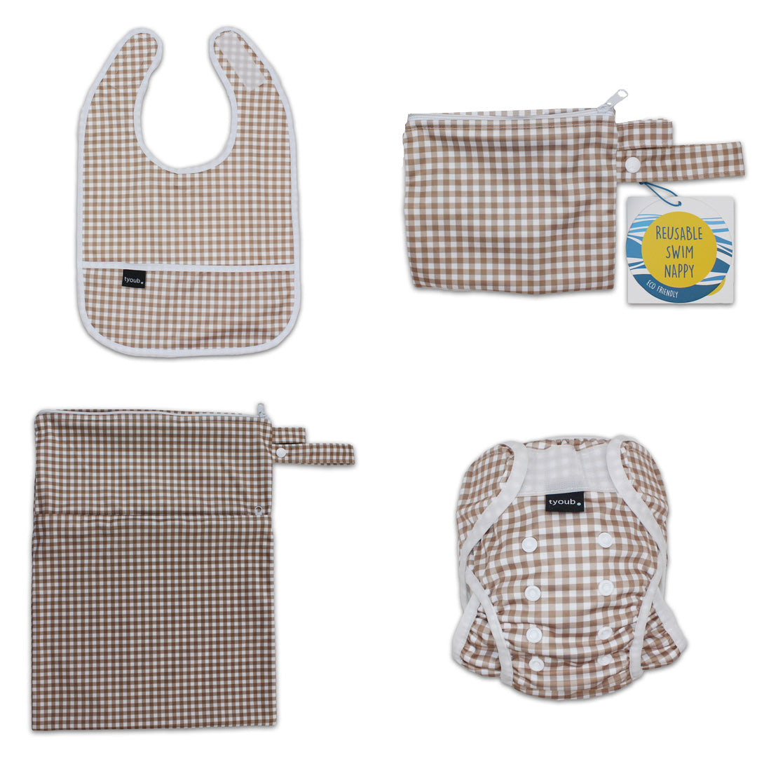 On The Go - Gift Set, Reusable Swim Nappy, Wet Bag and Baby Bib - Fawn Check