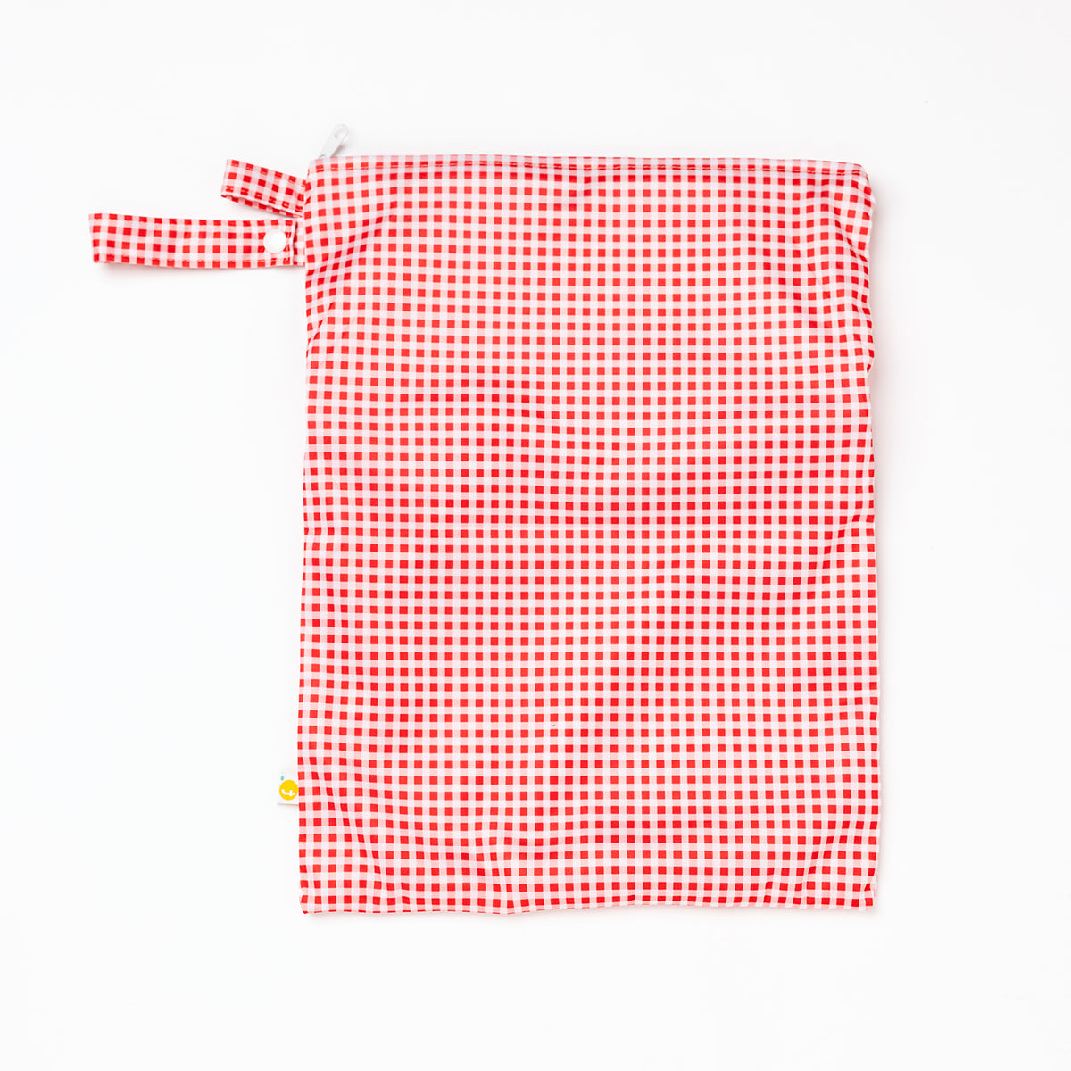 the back view of Red and white checkered gingham pattern, big wet bag with double pocket on a white background