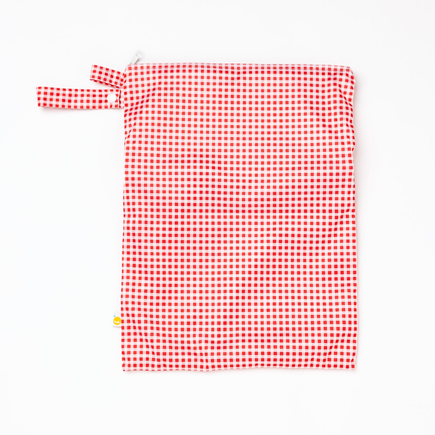 the back view of Red and white checkered gingham pattern, big wet bag with double pocket on a white background