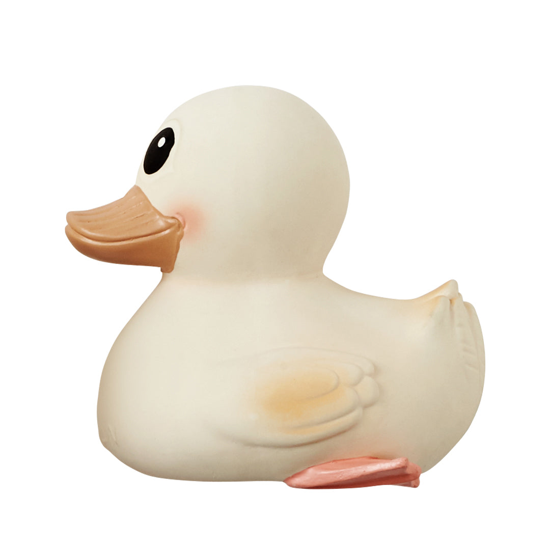 Original  Hevea Kawan Rubber duck. Made with 100% natural rubber, serves three functions; playing, teething, and bathing. Hand-painted to perfection with natural pigments. Soft to touch and squeeze and master their grip. The beak and feet feature a patterned texture suitable for soothing itchy and irritated gums. 
